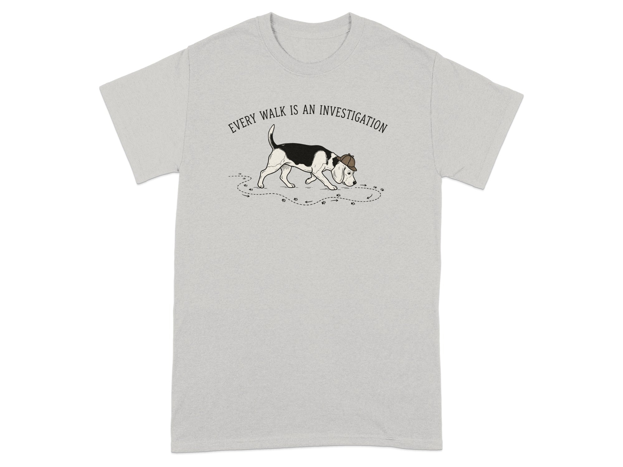 Beagle wearing a detective hat, leaving paw prints.