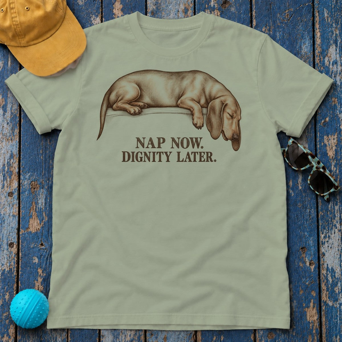Nap Now Dignity Later Dachshund T-Shirt in Sage - flat lay