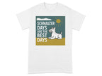 Schnauzer Days are the Best Days text with a stylized dog and sun graphic on a t-shirt.
