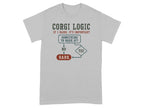Grey t-shirt with "Corgi Logic" flowchart about barking.