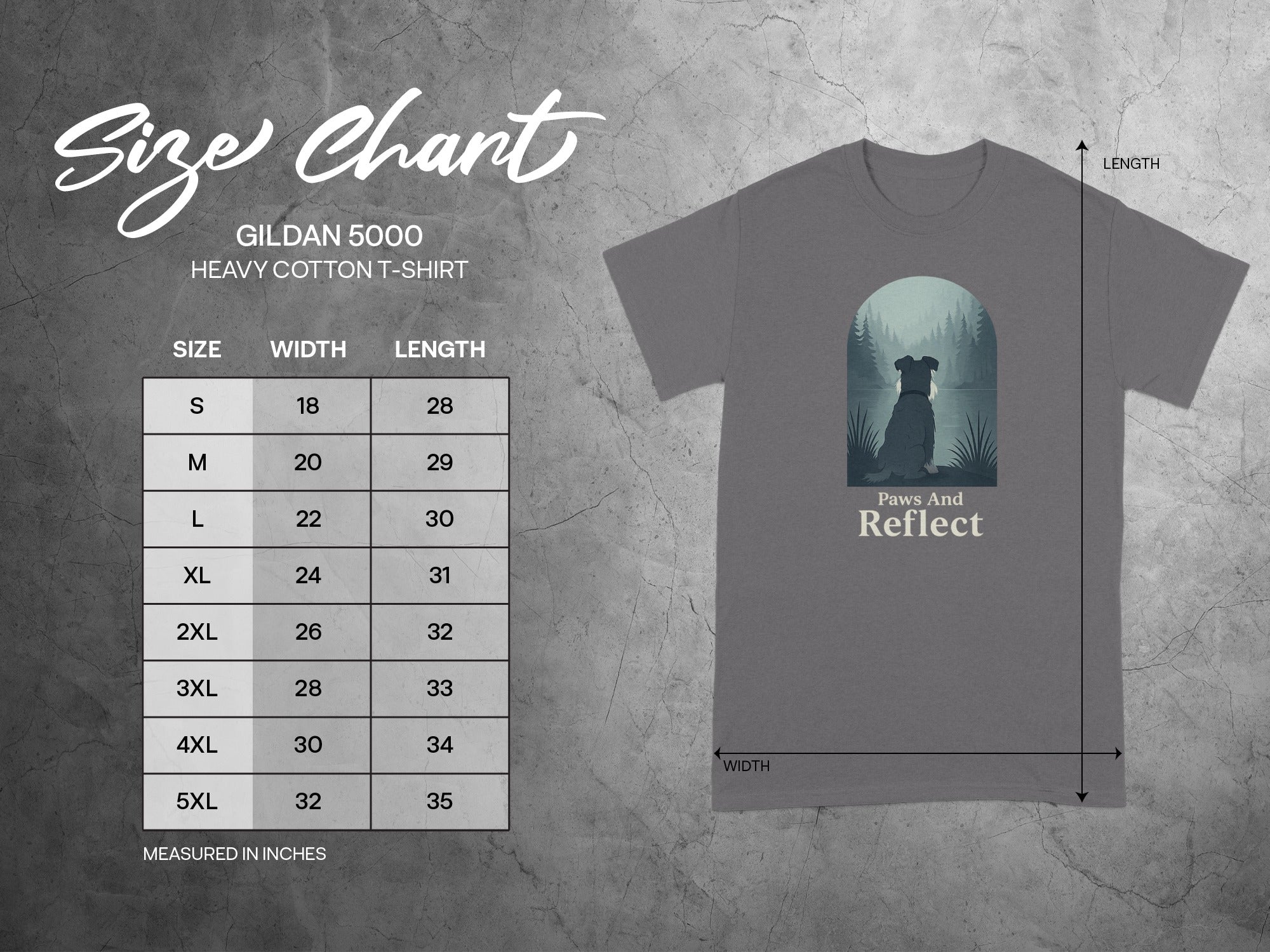 Gildan 5000 t-shirt size chart with measurements and a dog graphic.