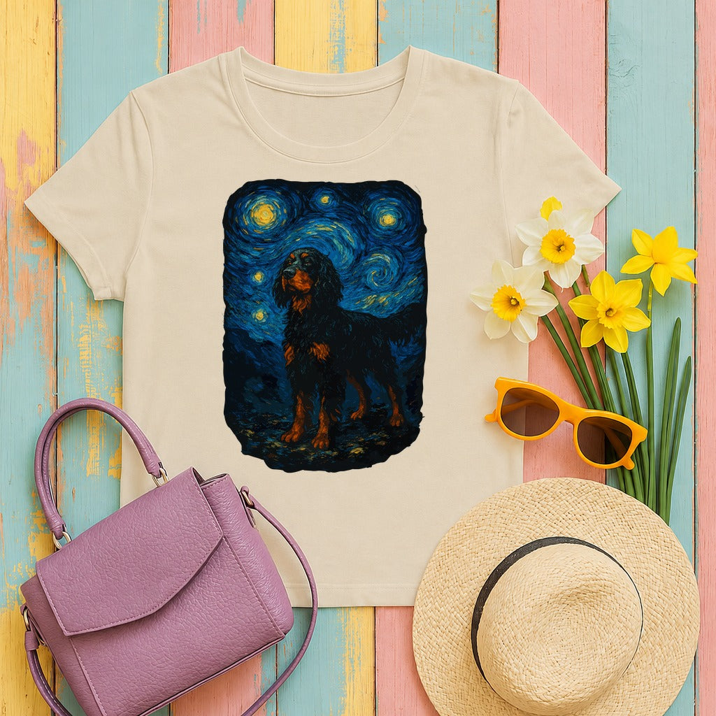 Gordon Setter With Starry Night Van Gogh Style Artwork T-Shirt in Sand