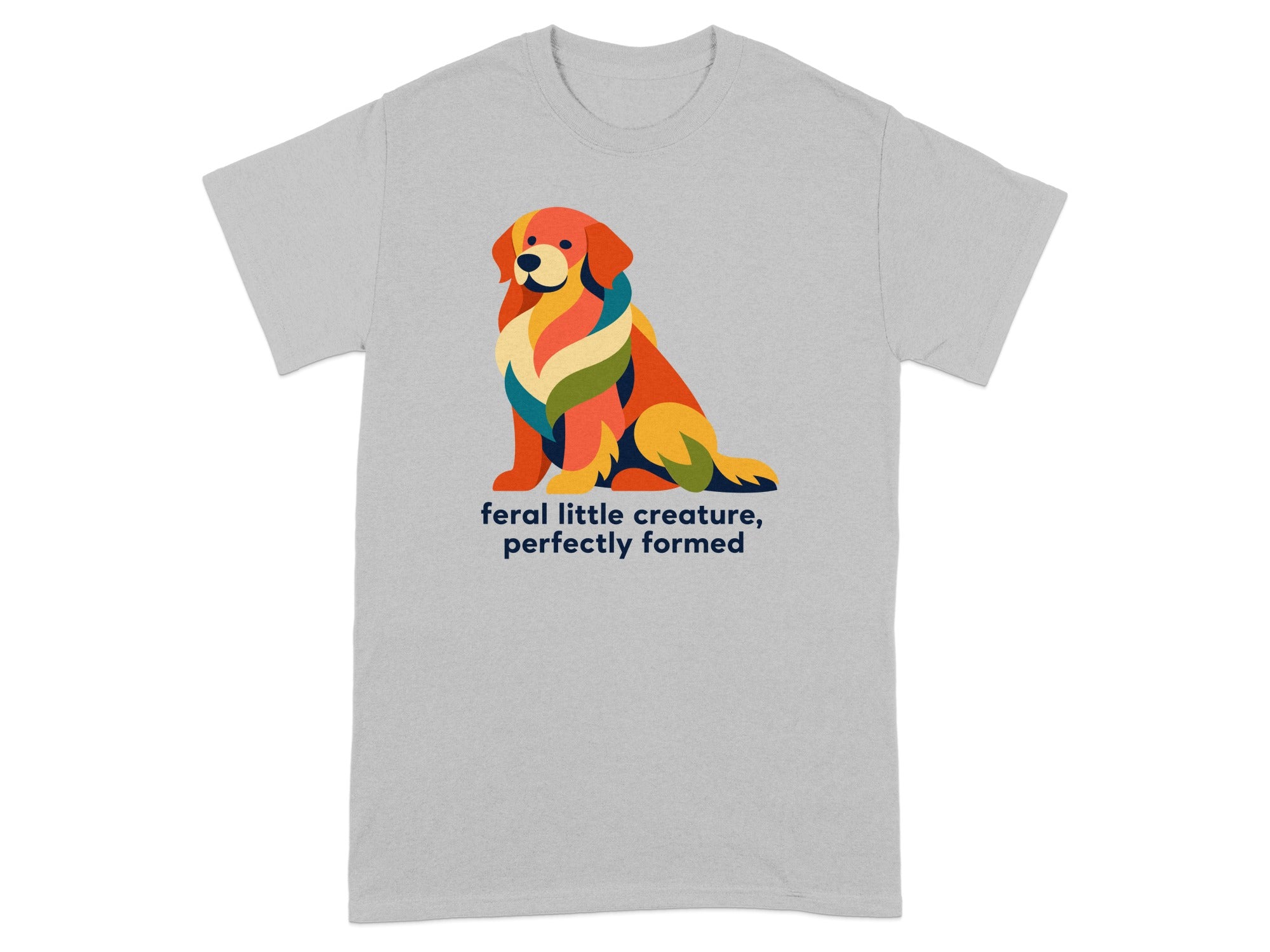 Geometric dog graphic with text "feral little creature, perfectly formed".