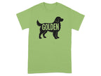 Black silhouette of a golden retriever on a light green t-shirt with the word "GOLDEN".