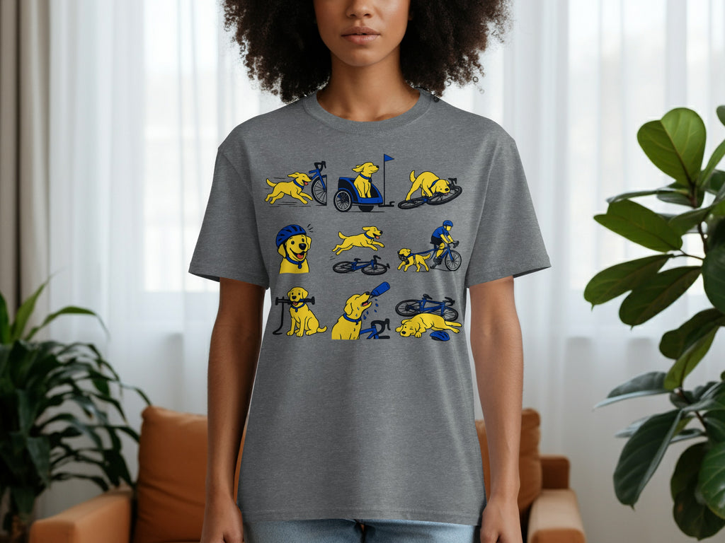 T-shirt with yellow dog cartoon illustrations engaged in various cycling activities.