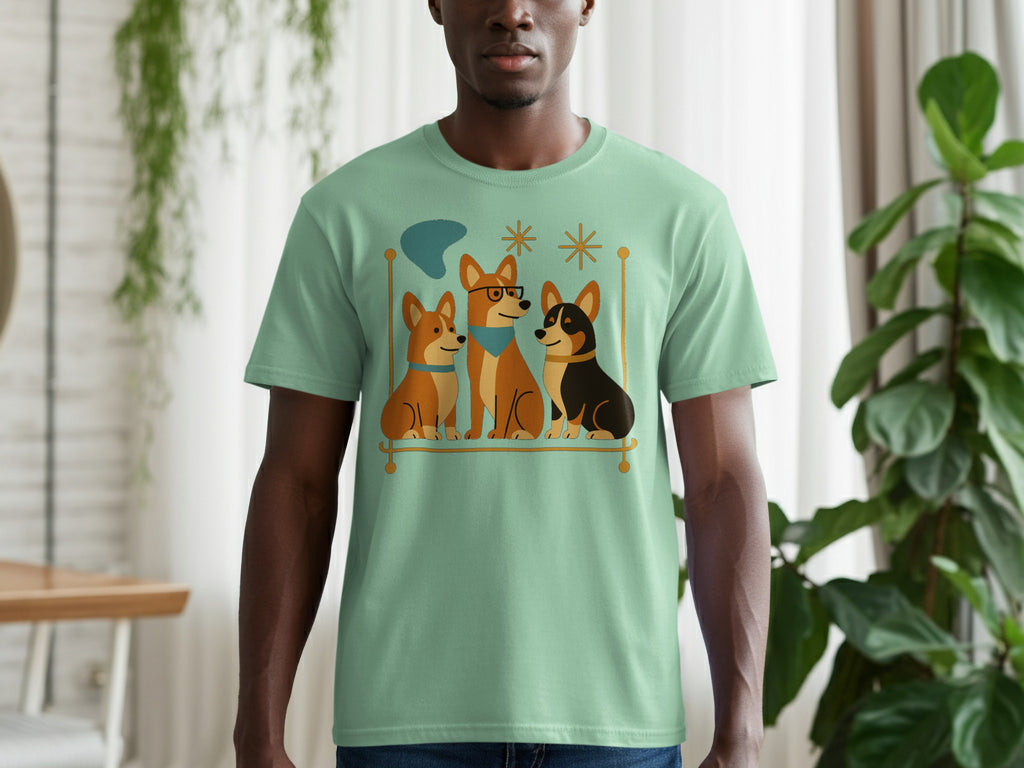 Green t-shirt with a cartoon illustration of three corgi dogs sitting on a perch.