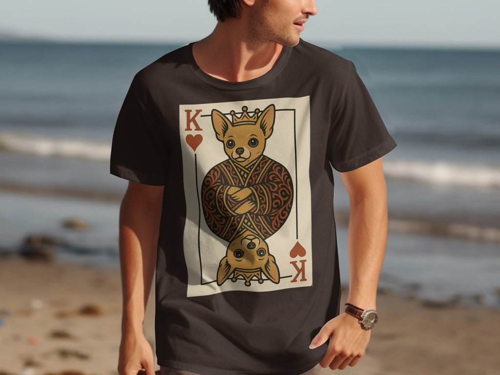 Dark t-shirt with King of Hearts playing card design featuring a chihuahua.