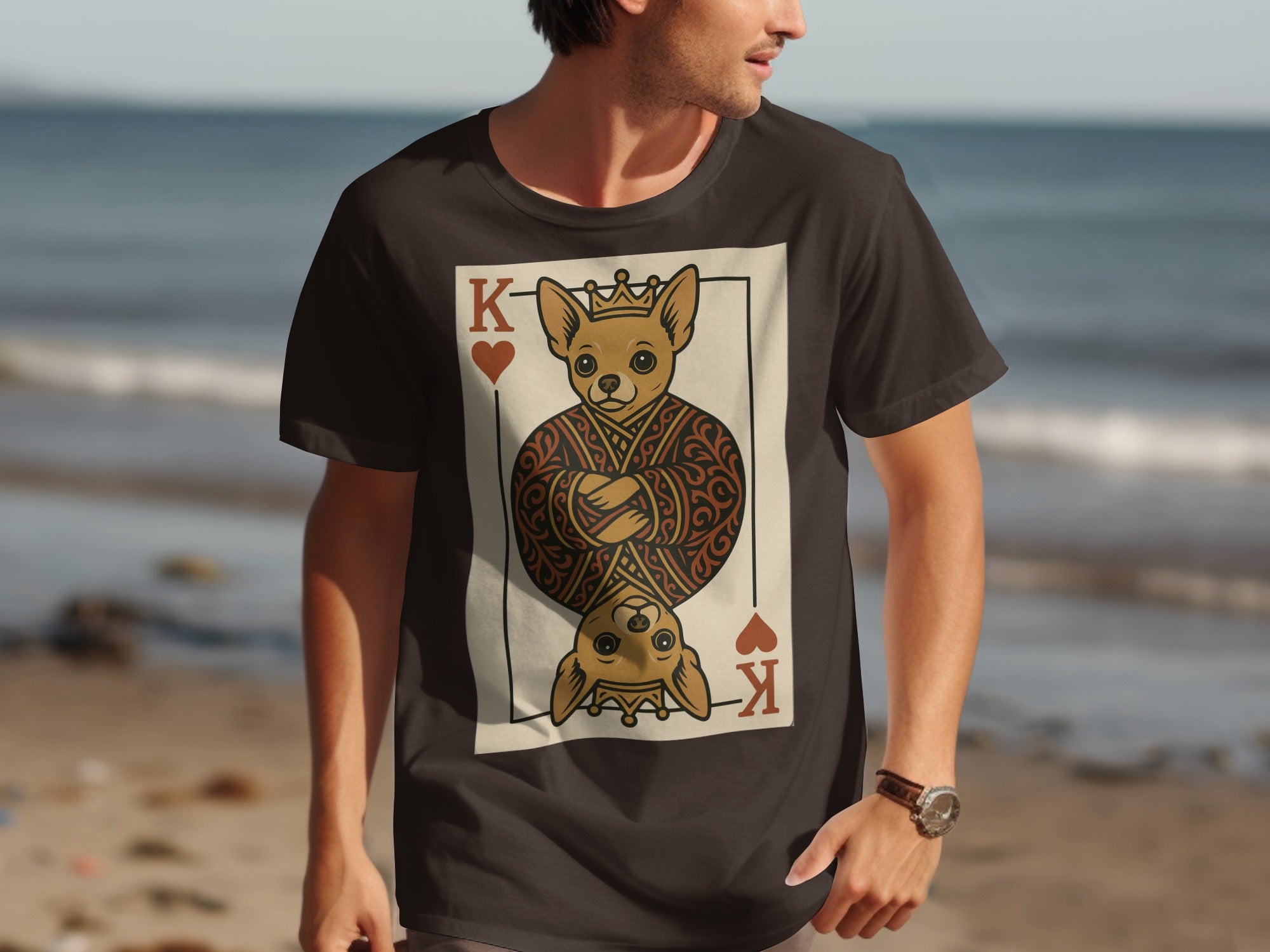 Dark t-shirt with King of Hearts playing card design featuring a chihuahua.