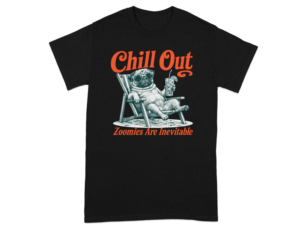 Black t-shirt with a pug in sunglasses relaxing in a chair with a drink.