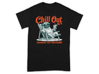Black t-shirt with a pug in sunglasses relaxing in a chair with a drink.