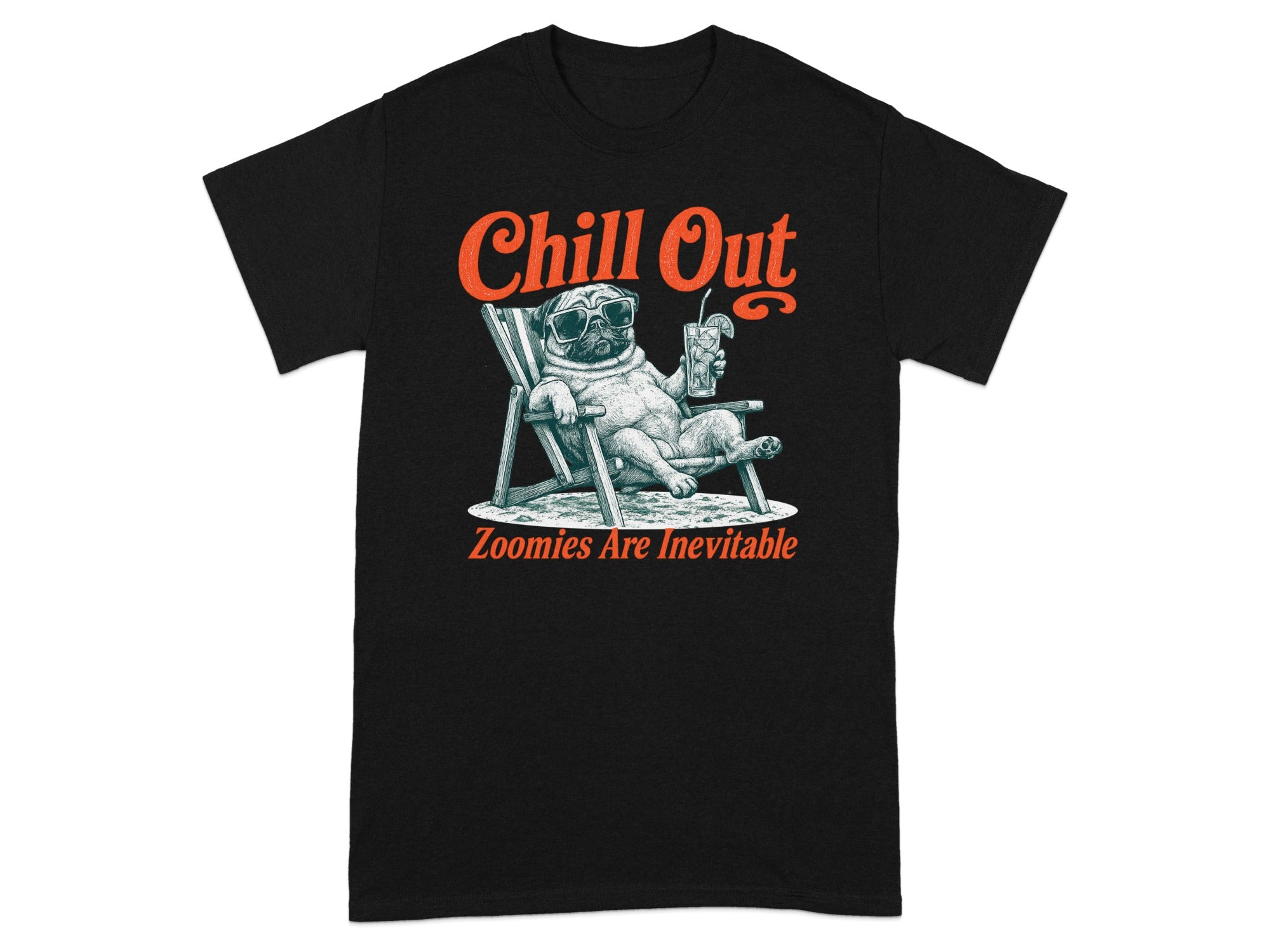 Black t-shirt with a pug in sunglasses relaxing in a chair with a drink.