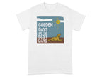 Golden Days are the Best Days text with a reclining golden retriever under a sun.