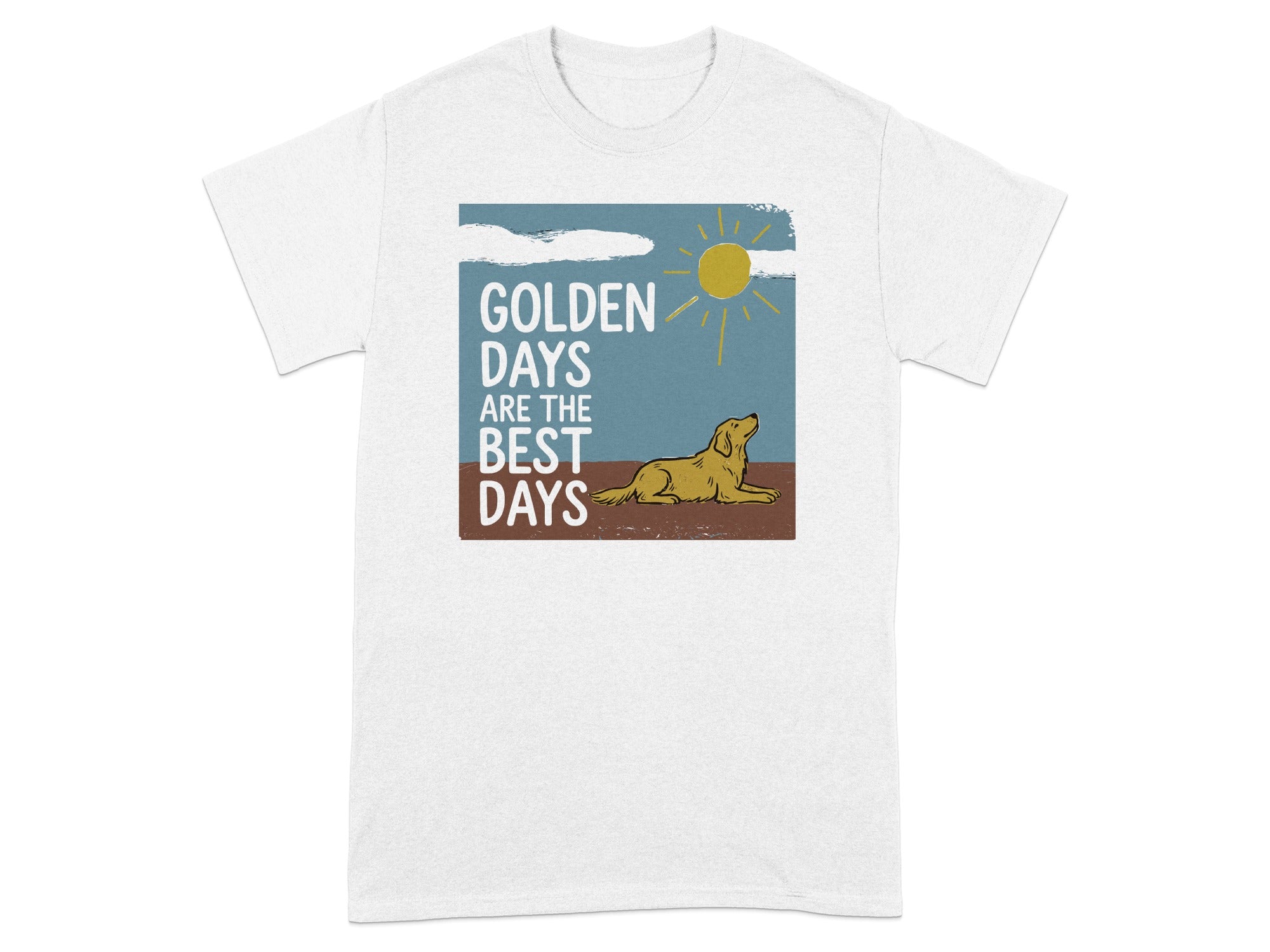 Golden Days are the Best Days text with a reclining golden retriever under a sun.