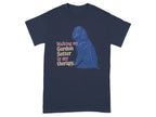 Navy t-shirt with Gordon Setter graphic and text: Walking my Gordon Setter is my therapy.