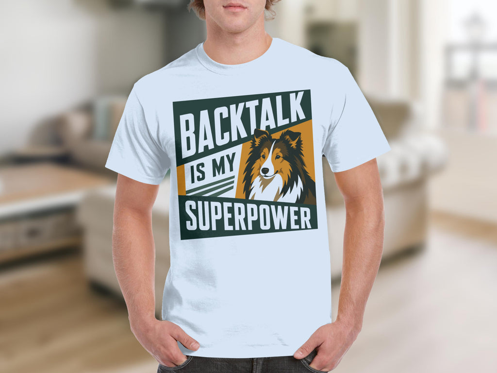 White t-shirt with "BACKTALK IS MY SUPERPOWER" and a dog portrait.