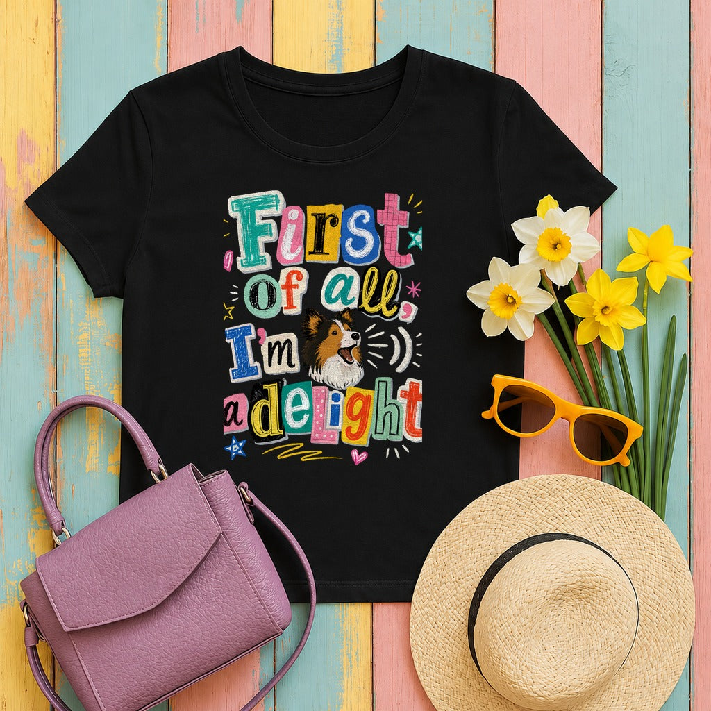 Whimsical Sheltie Delight T-Shirt in Black