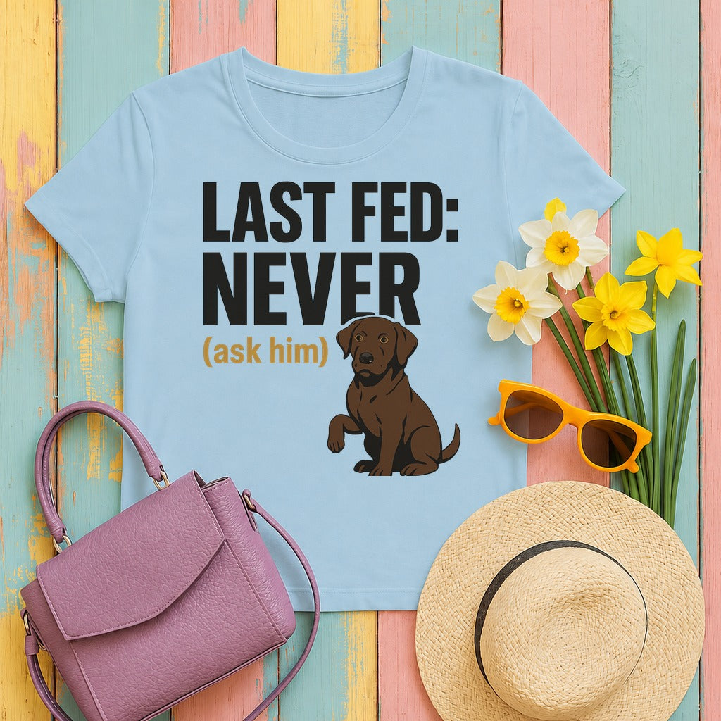 Chocolate Lab Last Fed Never T-shirt in Light Blue