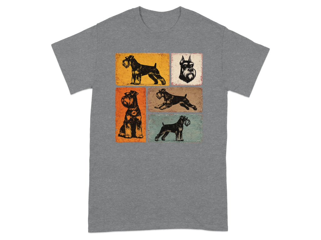 Gray t-shirt with a grid of five stylized schnauzer dog illustrations.
