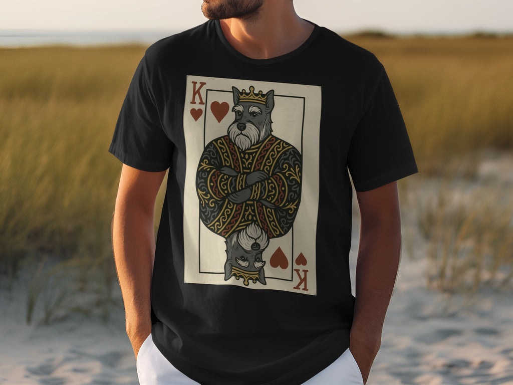 Black t-shirt with a King of Hearts card design featuring a dog wearing a crown and ornate robe.