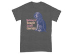 Dark gray t-shirt with a seated beagle illustration and text "Walking my Beagle is my therapy."