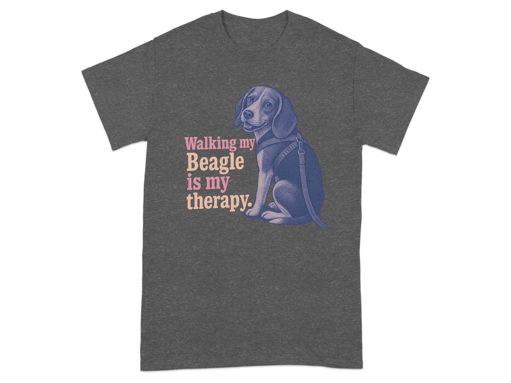 Dark gray t-shirt with a seated beagle illustration and text "Walking my Beagle is my therapy."