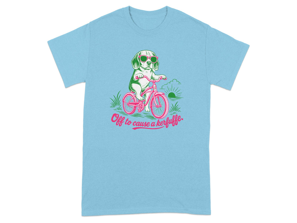 Dog in sunglasses on a bicycle with "Off to cause a kerfuffle" text.