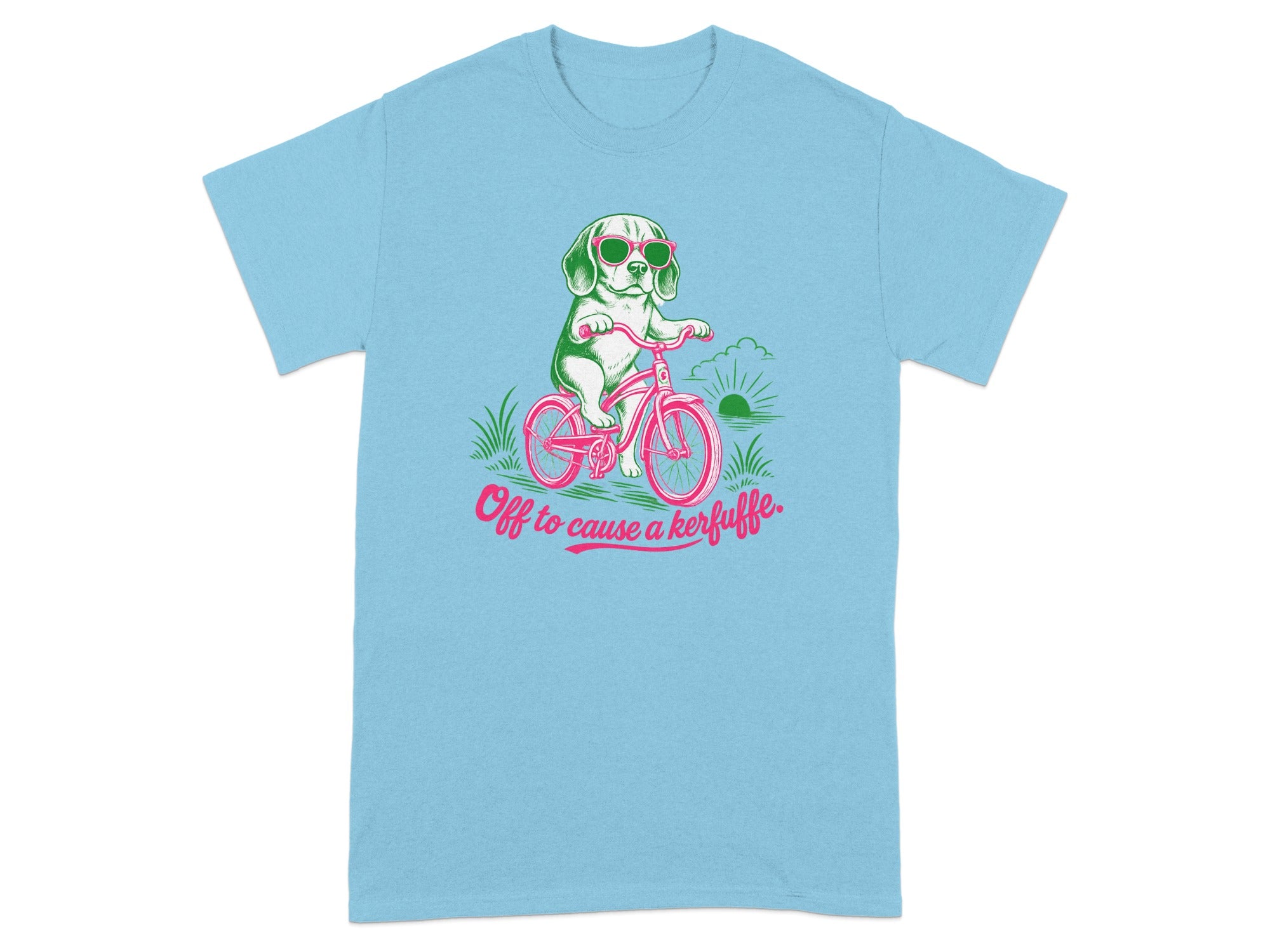 Dog in sunglasses on a bicycle with "Off to cause a kerfuffle" text.