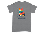 Gray t-shirt with a colorful abstract corgi design and text.