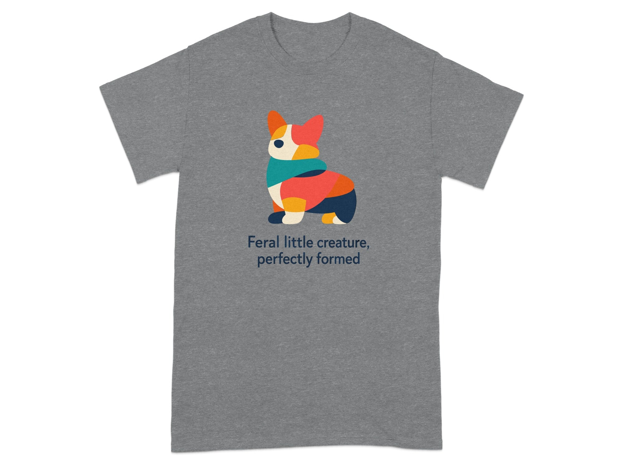 Gray t-shirt with a colorful abstract corgi design and text.