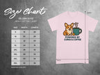 Gildan 5000 Heavy Cotton t-shirt size chart with corgi and coffee graphic.