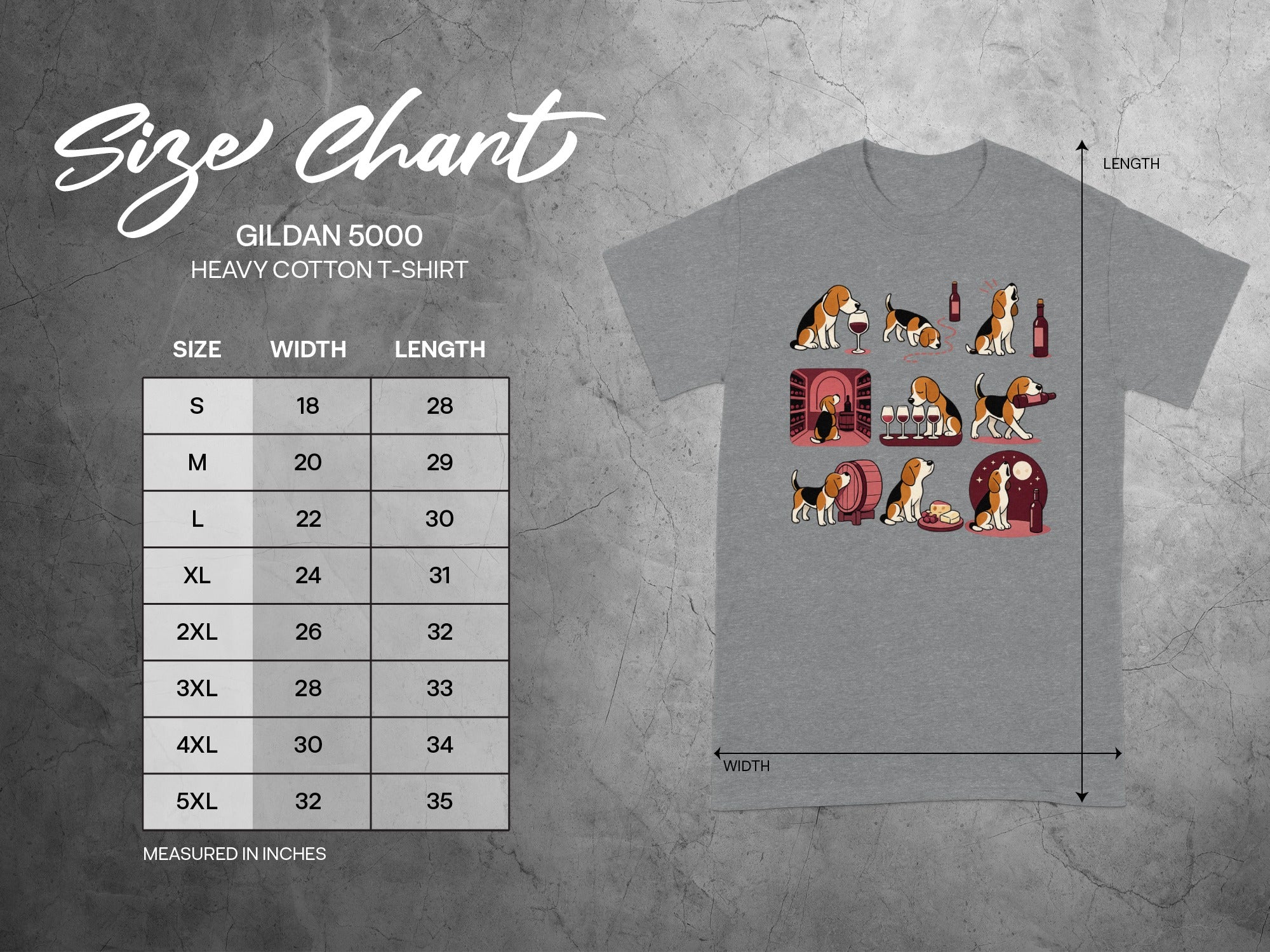 Gildan 5000 Heavy Cotton T-Shirt size chart with width and length measurements in inches.