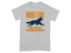 Grey t-shirt with orange text "WORK ETHIC" and a running wolf silhouette below.