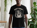 Black t-shirt with a dog's face and text "WHEN'S DINNER?"