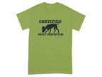 Green t-shirt with "Certified Sniff Inspector" text and dog silhouette.
