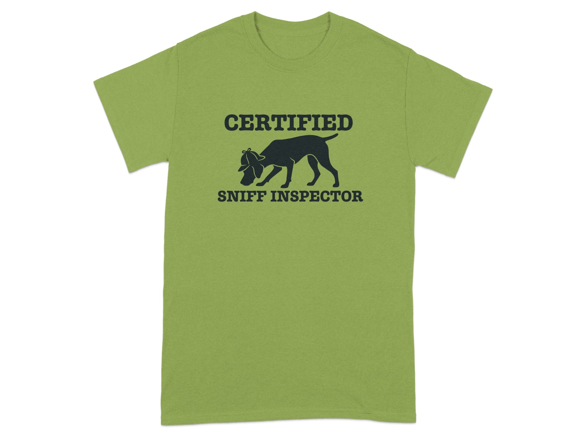 Green t-shirt with "Certified Sniff Inspector" text and dog silhouette.