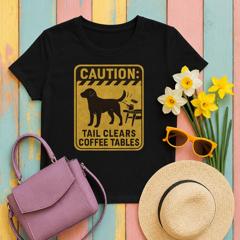 Chocolate Lab Tail Clears Coffee Tables T-shirt in Black