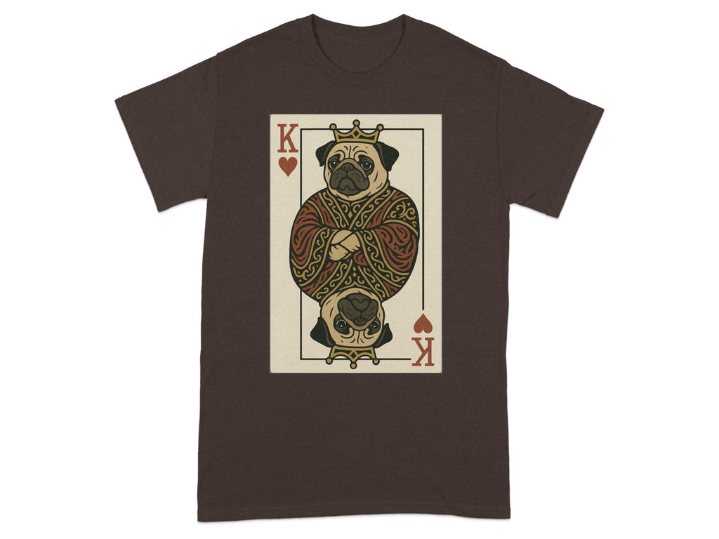 King of Pugs playing card graphic on a dark brown t-shirt.
