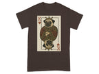 King of Pugs playing card graphic on a dark brown t-shirt.