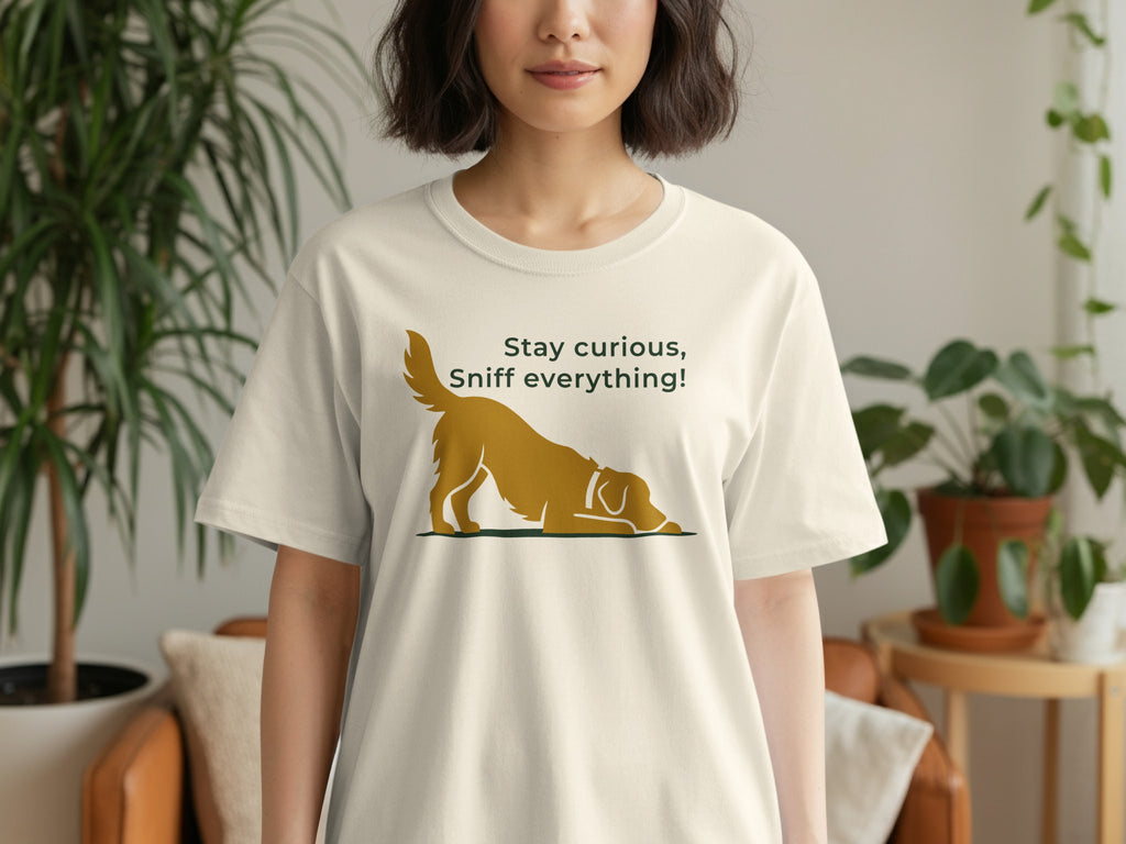 Tan t-shirt with golden dog illustration and text "Stay curious, Sniff everything!".