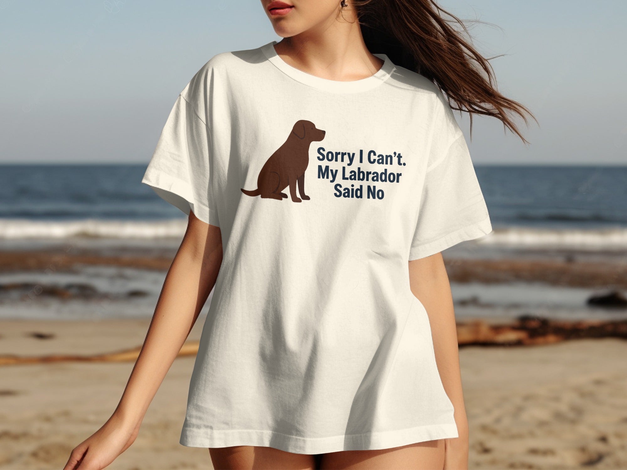 White t-shirt with brown Labrador graphic and text "Sorry I Can't. My Labrador Said No."