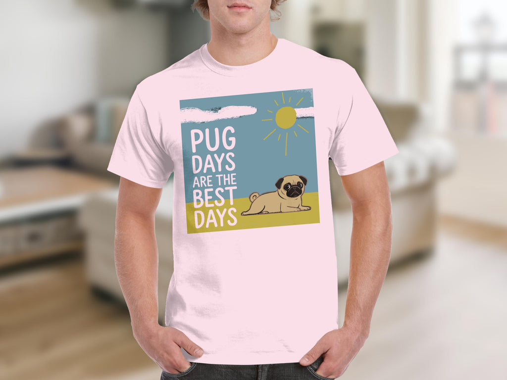 Light pink t-shirt featuring a pug relaxing under a sun with text "Pug Days Are The Best Days".