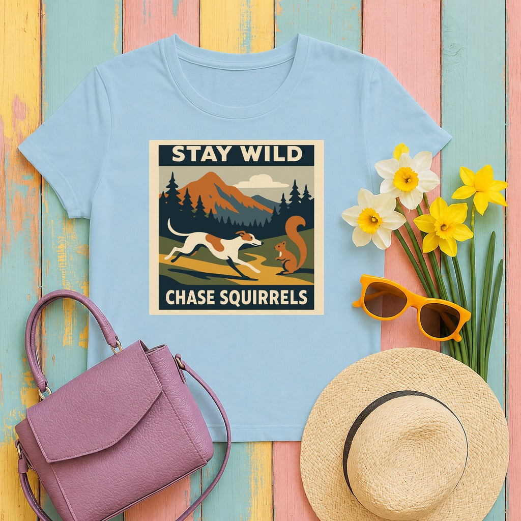Greyhound Stay Wild Chase Squirrels Tee in Light Blue