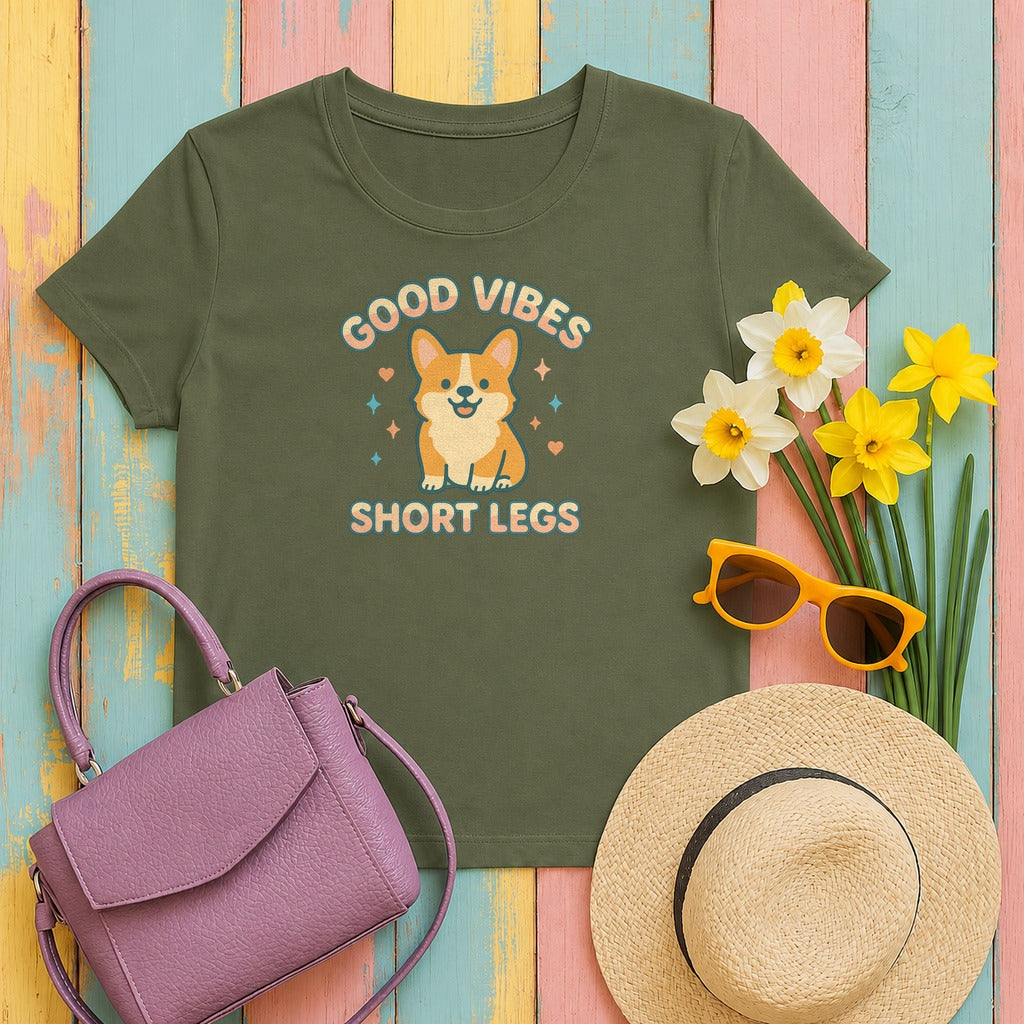 Corgi Dog Good Vibes And Short Legs Lovely Design T-Shirt in Military Green
