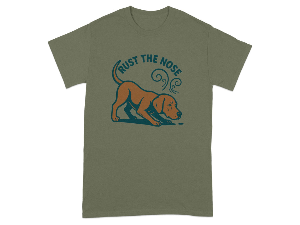 Olive green t-shirt with brown dog sniffing ground and text "TRUST THE NOSE".