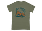 Olive green t-shirt with brown dog sniffing ground and text "TRUST THE NOSE".