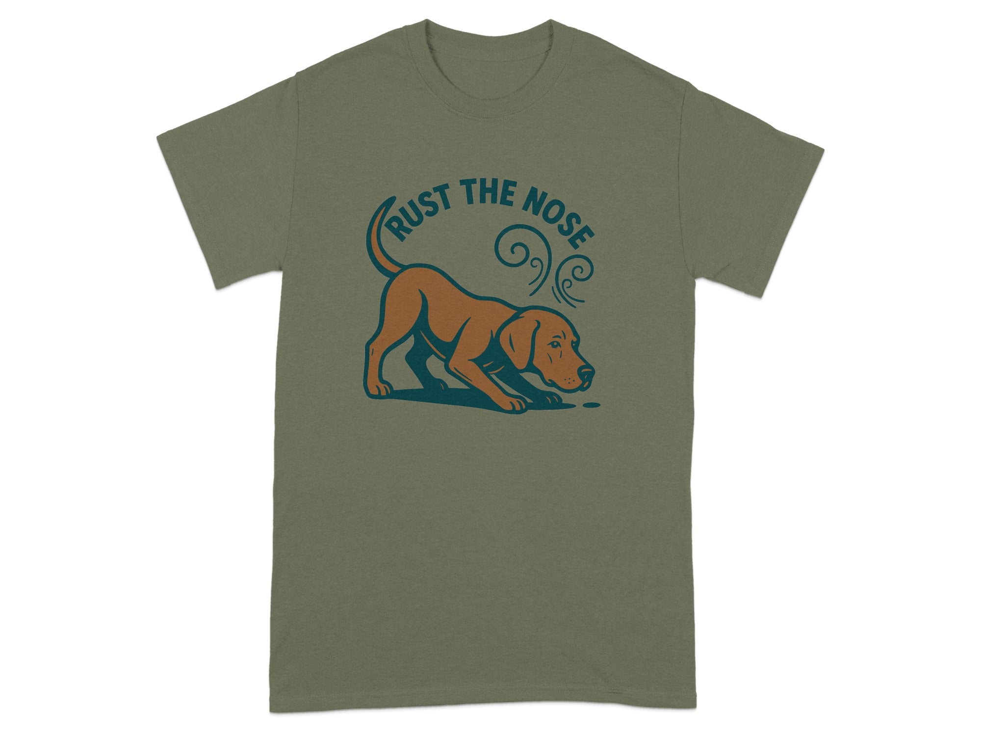 Olive green t-shirt with brown dog sniffing ground and text "TRUST THE NOSE".