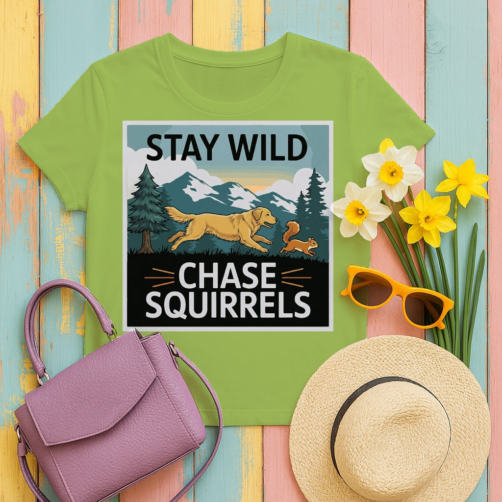 Stay Wild Chase Squirrels with Golden Retriever T-Shirt in Kiwi
