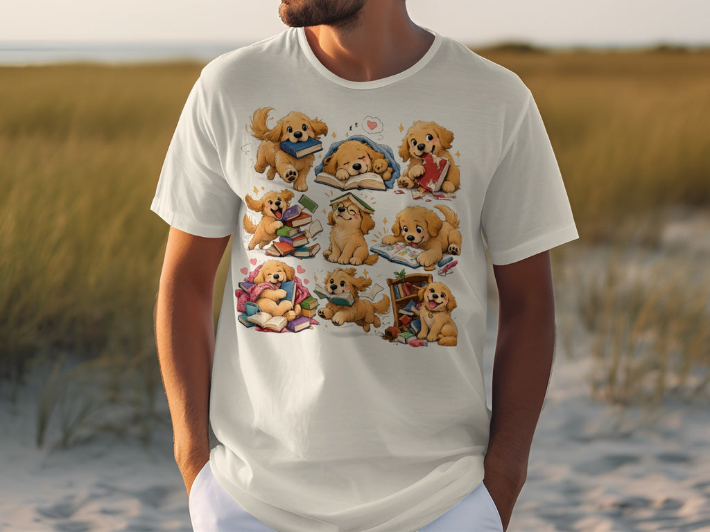 T-shirt with cartoon puppies reading books and playing with books.