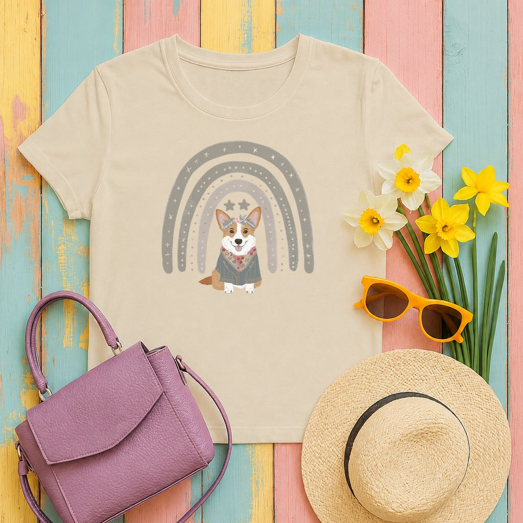 Cute Corgi with Rainbow Stars Print T-Shirts in Sand