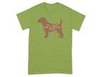 Green t-shirt with brown silhouette of a dog and text "Eat, Sleep, Bark at Nothing. Repeat."